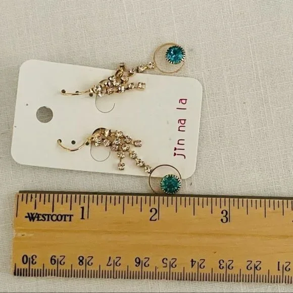 Dangling Gold-Plated Earrings w/Aqua and Clear Rhinestone Accents by Jin na la - Picture 6 of 7